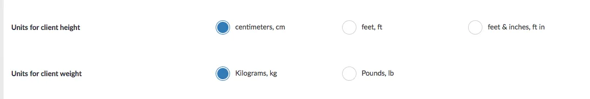 client height and weight units